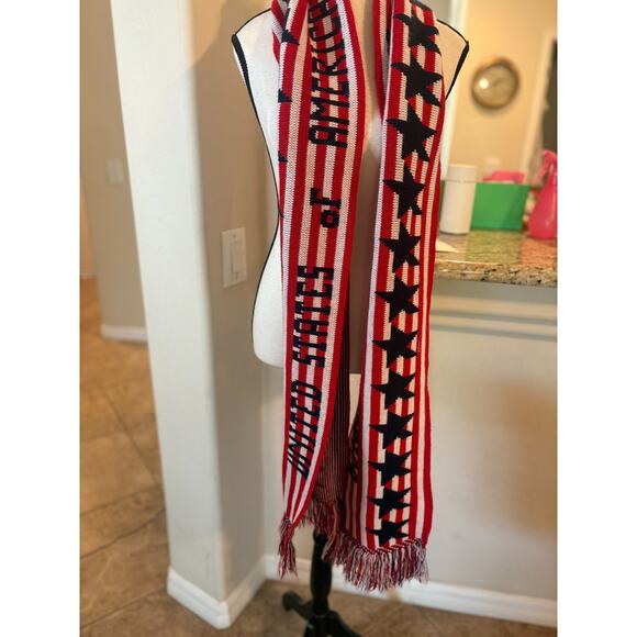 Knitmakers Red, White, Blue USA Patriotic Knit Scarf 9"x 84” Plus 6“ Fringe VTG - Picture 1 of 5